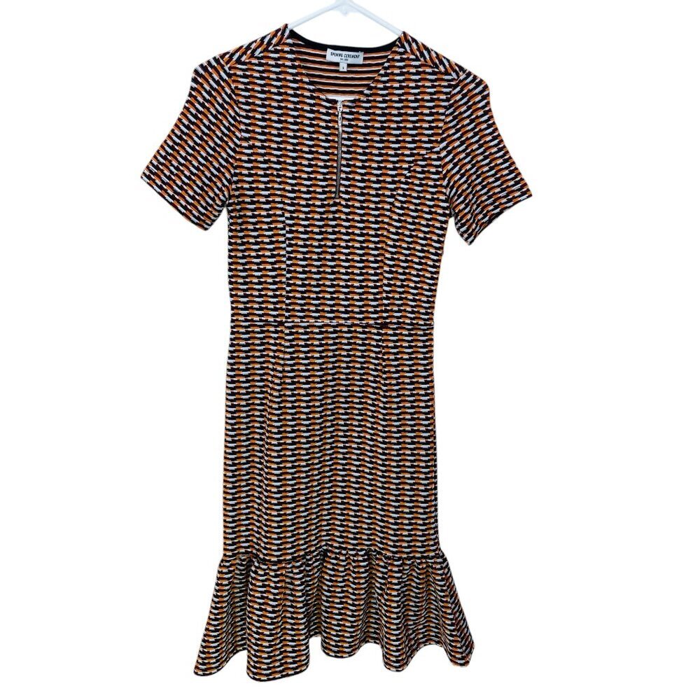 Opening Ceremony Lotus Check Stretch Flounce-Hem‎ Dress Size Small Orange Multi